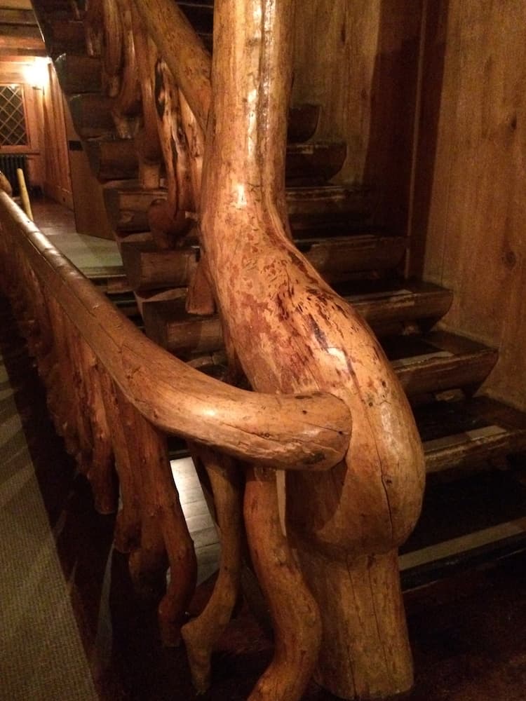 See the twisted wood supports in Old Faithful Inn. Old Faithful Inn with kids. 