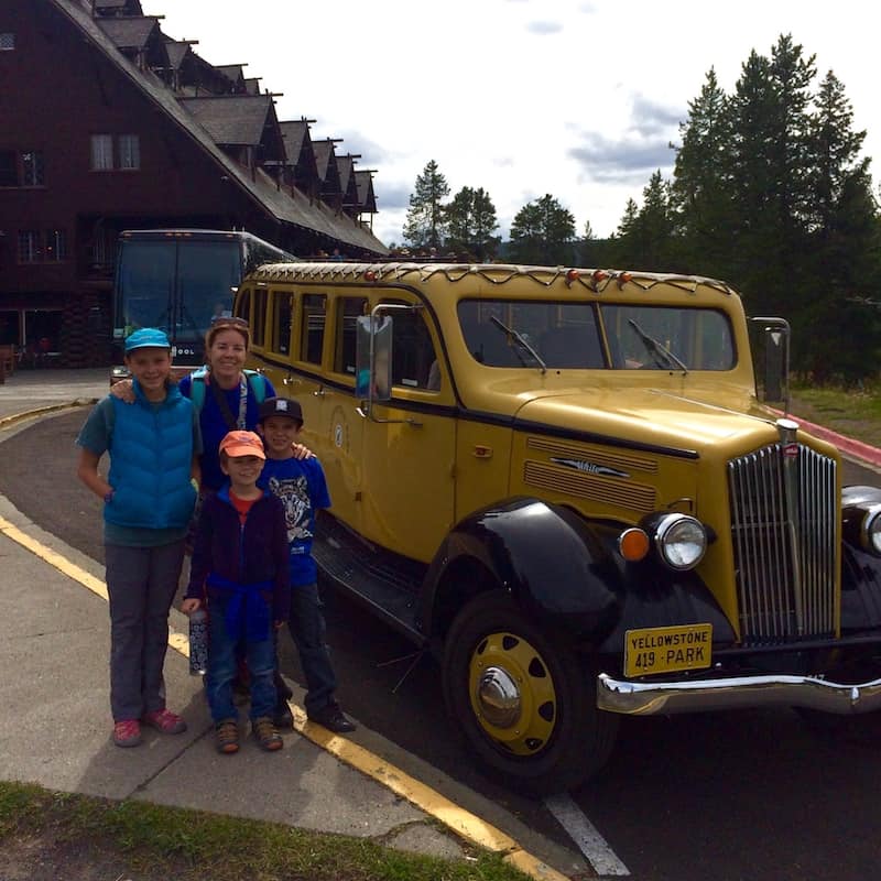 Take a vintage bus tour in Yellowstone National Park. Old Faithful Inn with kids.