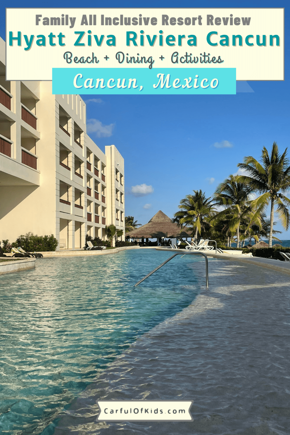 Located in Puerto Moreles, Mexico, near Cancun, the Hyatt Ziva Riviera Cancan offers an vibrant family-friendly all inclusive resort where adults can find luxurious appointments along with a top spa along with fun activities for the kids like a water park. All Inclusives for Families in Cancun #Mexico #Cancun 