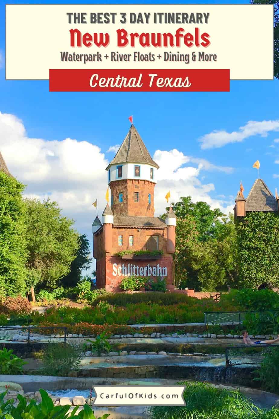 Explore a quaint German town in-between San Antonio and Austin for a long weekend of family fun. Find waterparks and float trips. Get all the details like where to stay, where to eat and what to do when visiting New Braunfels, Texas. Where to go in Central Texas for the weekend | 3 Day Itinerary for New Braunfels #Texas #NewBraunfels 