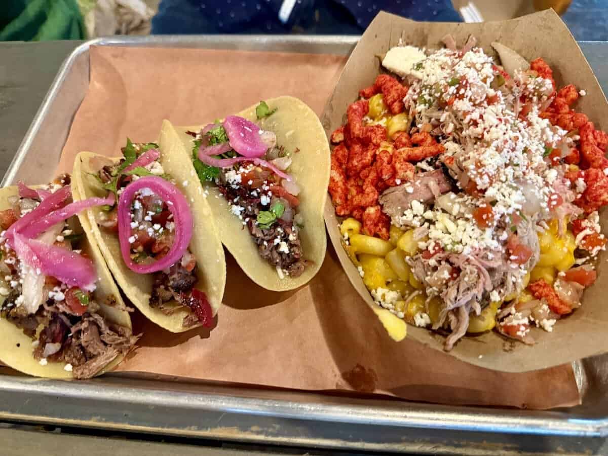 Brisket Tacos and Mac & Cheese at Nueces Brewing