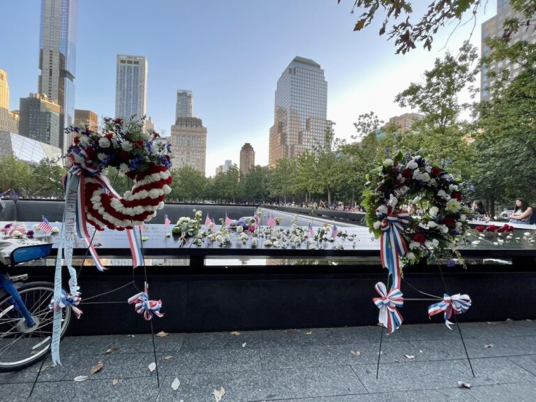 The 9/11 Memorial with flowers from the Flight Attendant and Pilot Unions on 9/11.